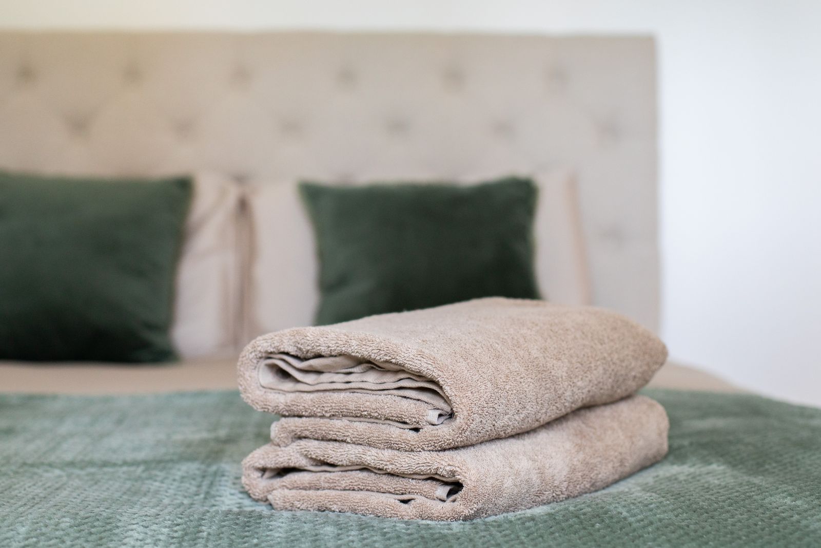 Coussins en velours vert et serviettes pliées